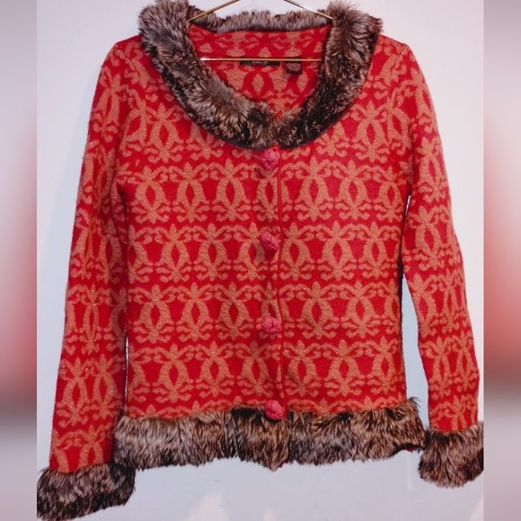 Women's Vintage Heather B Wool Faux Fur Trim Button Up Cardigan. - Picture 1 of 6